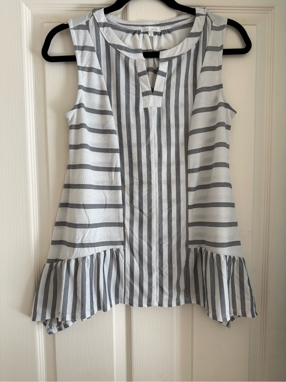 White and Gray Striped Ruffle-Hem Tank